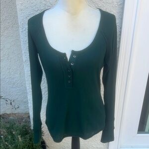 Free People Green Lasercut Button Long Sleeve Top Women's Size L